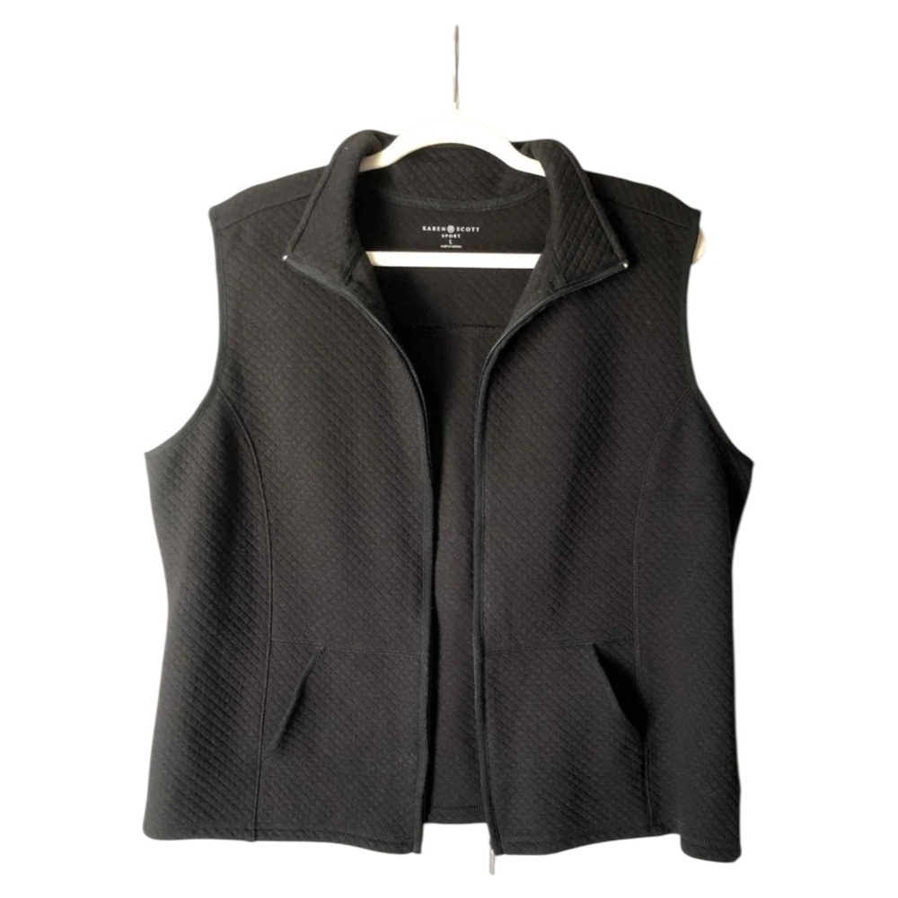 Karen Scott Sport Black Quilted Vest Sz L Full Zip Pockets Cotton/Poly Blend